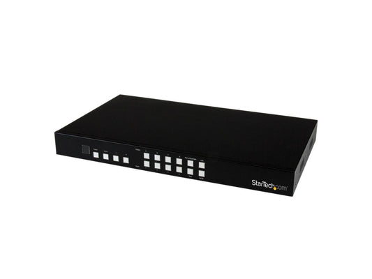 Share and independently switch four HDMI audio/video sources across four HDMI displays using the StarTech 4x4 HDMI Matrix Switch with Picture-and-Picture (PiP) capability. This device offers multiple display modes including Matrix, Dual, Quad, and TV Wall, enabling flexible multimedia configurations for collaborative or professional AV environments.