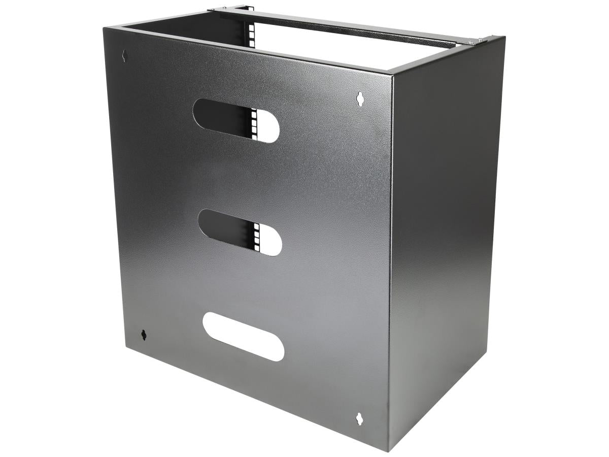 The STARTECH WALLMNT12 is a 12U, 19-inch wide wall mount network rack designed for secure installation of shallow networking equipment up to 12 inches deep. Built from cold-rolled steel and capable of supporting up to 125lbs, it arrives fully assembled with mounting hardware, ensuring a quick and sturdy setup. Ideal for space-constrained environments such as server rooms or classrooms, this rack delivers reliable cable management and lasting durability.