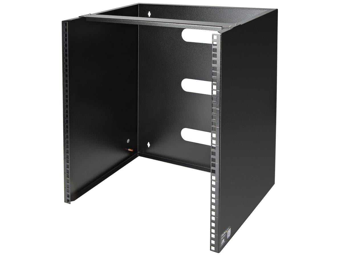 The STARTECH WALLMNT12 is a 12U, 19-inch wide wall mount network rack designed for secure installation of shallow networking equipment up to 12 inches deep. Built from cold-rolled steel and capable of supporting up to 125lbs, it arrives fully assembled with mounting hardware, ensuring a quick and sturdy setup. Ideal for space-constrained environments such as server rooms or classrooms, this rack delivers reliable cable management and lasting durability.