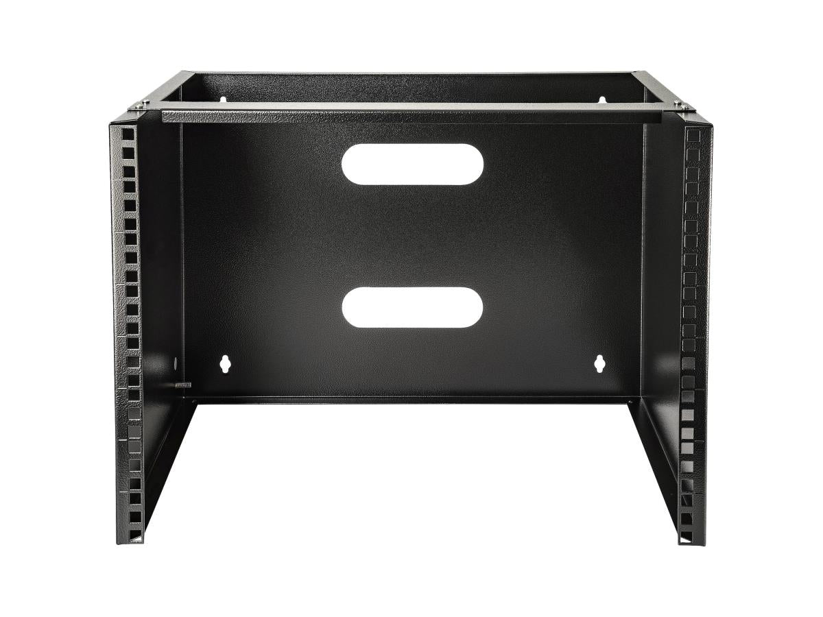 The STARTECH 8U Wall Mount Rack offers a compact and sturdy solution for organizing shallow networking equipment such as patch panels and network switches. Built from durable cold-rolled steel and designed to support up to 80 lbs, this 19-inch wide rack is ideal for space-conscious installations. With a depth of 14 inches and built-in cable routing, it's a smart choice for network closets, classrooms, or small IT environments.
