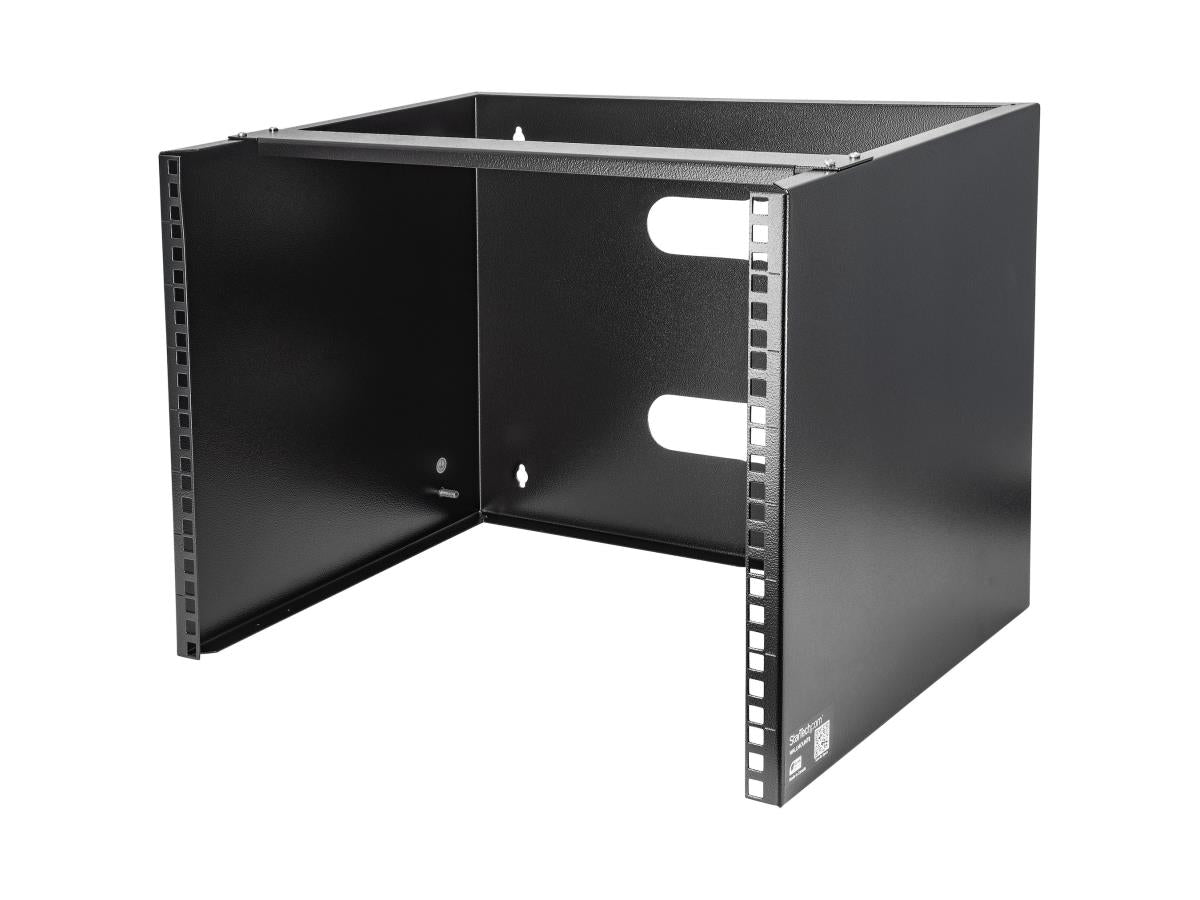 The STARTECH 8U Wall Mount Rack offers a compact and sturdy solution for organizing shallow networking equipment such as patch panels and network switches. Built from durable cold-rolled steel and designed to support up to 80 lbs, this 19-inch wide rack is ideal for space-conscious installations. With a depth of 14 inches and built-in cable routing, it's a smart choice for network closets, classrooms, or small IT environments.