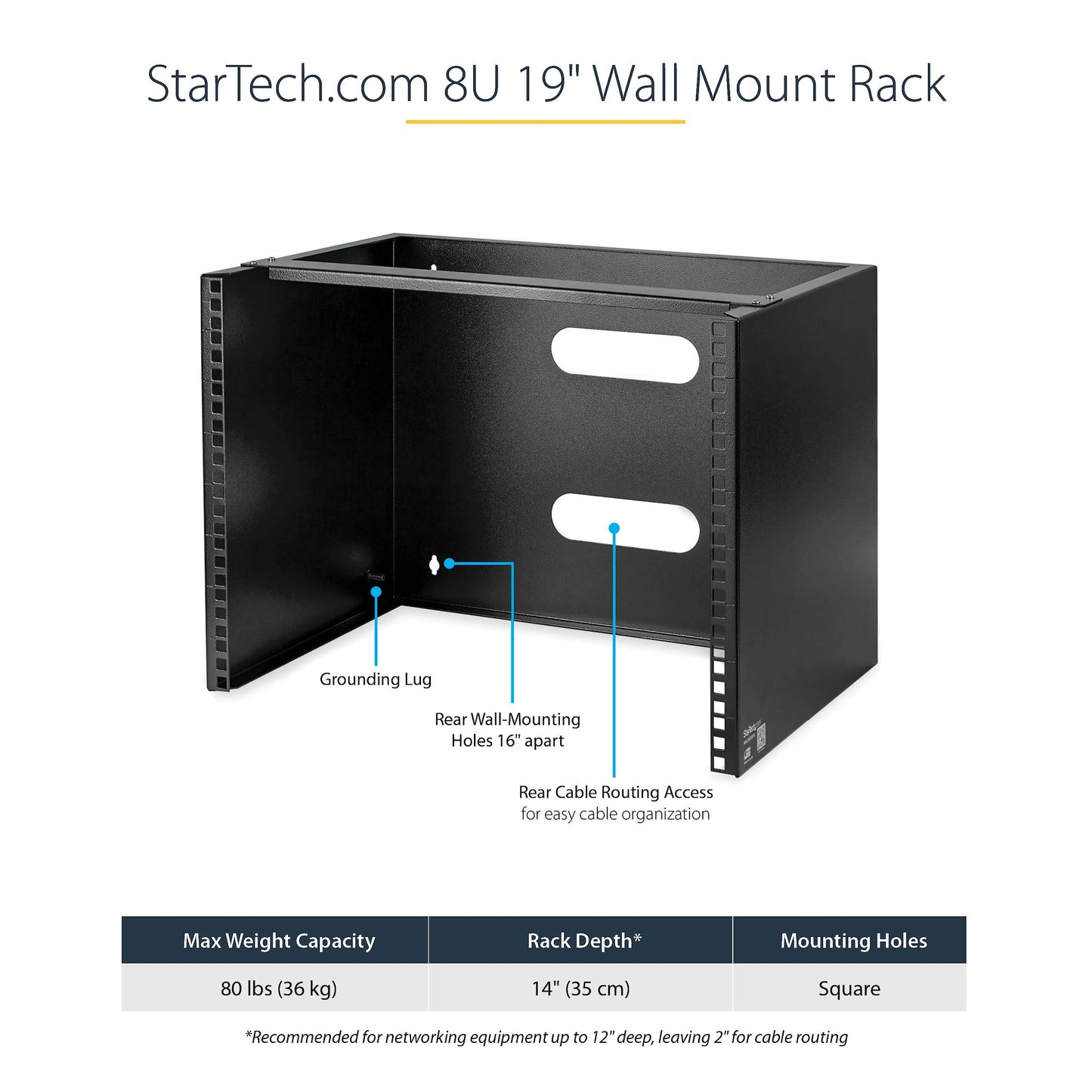 Rack mural STARTECH 8U (19 po) - 14 po de profondeur, acier, capacité de 80 lb