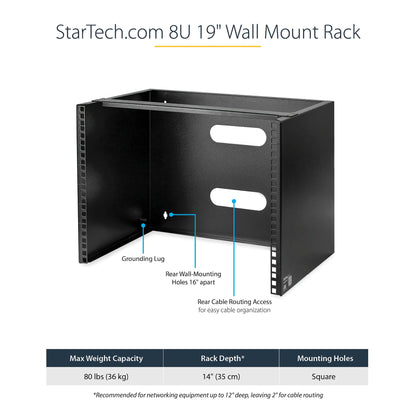 Rack mural STARTECH 8U (19 po) - 14 po de profondeur, acier, capacité de 80 lb