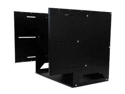 The StarTech WALLSHELF8U is a compact, 2-post 8U wall-mount server rack designed for efficient installation of IT equipment in small office and home office environments. With a mounting depth ranging from 12 to 18 inches and tapped rails for secure equipment placement, this open-frame steel rack is optimized for versatile setups. Certified with EIA/ECA-310-E standards and TAA compliant, it's a durable choice for U.S. government procurement and professional network deployments.