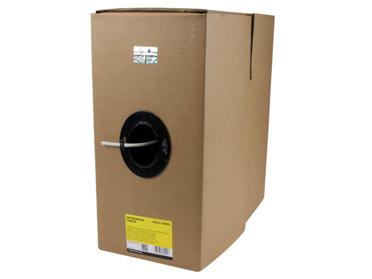 Bulk Cat 6 Ethernet Cable - 1000 ft. - Solid - CMP/FT6 Plenum Fire Rating - ETL Verified - Gray - TAA Compliant
