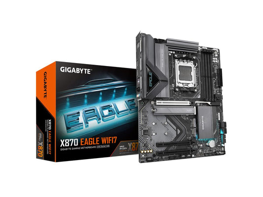 The GIGABYTE X870 EAGLE WIFI7 is an ATX motherboard built for enthusiasts seeking high performance and next-generation connectivity. Offering compatibility with AMD Ryzen 9000, 8000, and 7000 Series processors, this AM5 socket board features advanced customization tools, high definition audio, and intuitive BIOS access. Designed for Windows 11 64-bit systems, it's a future-ready platform for demanding builds.