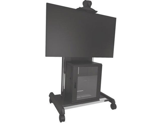 This mobile FUSION AV Cart by CHIEF MANUFACTURING features a sleek, professional design ideal for corporate and classroom use. It offers adjustable height, internal AV component storage, and user-friendly cable management, making it a versatile display solution for video conferencing environments.