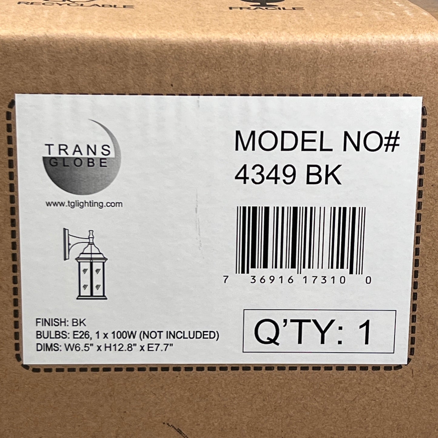 TRANS GLOBE Outdoor Lighting Fixture 4349 BK 6.5 x 12.8 x 7.7in (New)