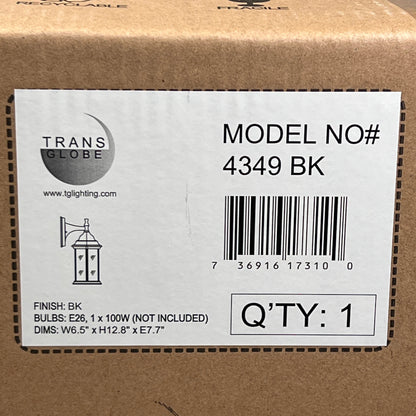 TRANS GLOBE Outdoor Lighting Fixture 4349 BK 6.5 x 12.8 x 7.7in (New)
